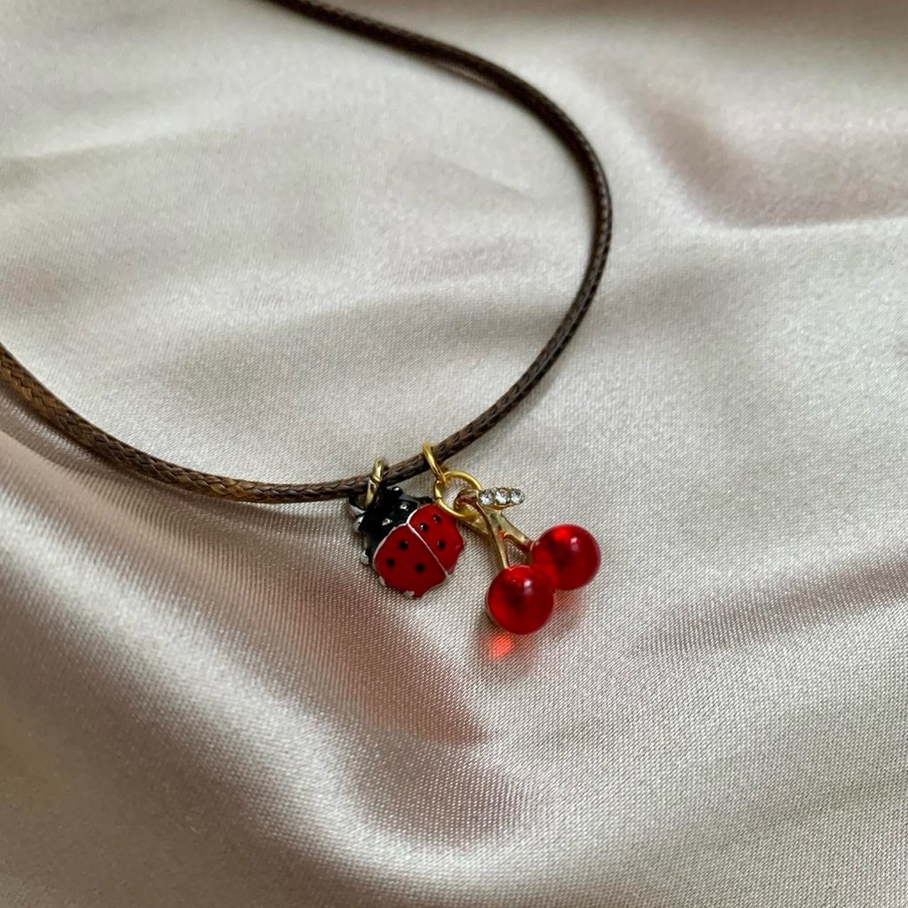 Red Ladybug and Cherry Pendant Necklace